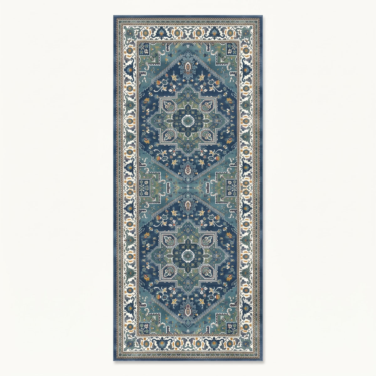 Indigo Persian-style runner in indigo and ivory, flat view