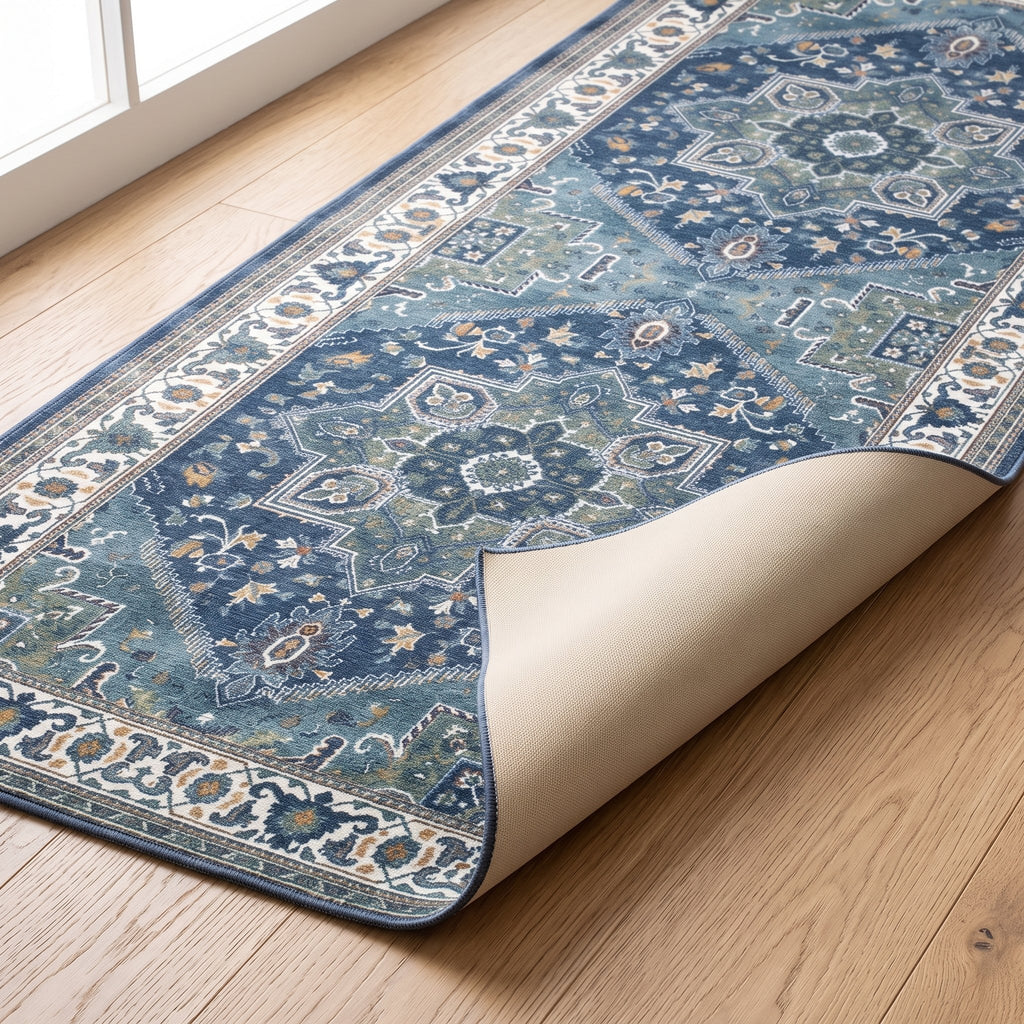 Indigo Persian-style runner with one corner turned back to show the non-slip backing
