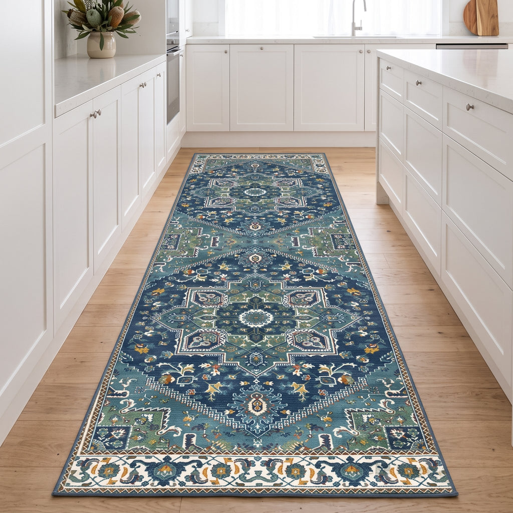 Indigo Persian-style runner along a kitchen bench