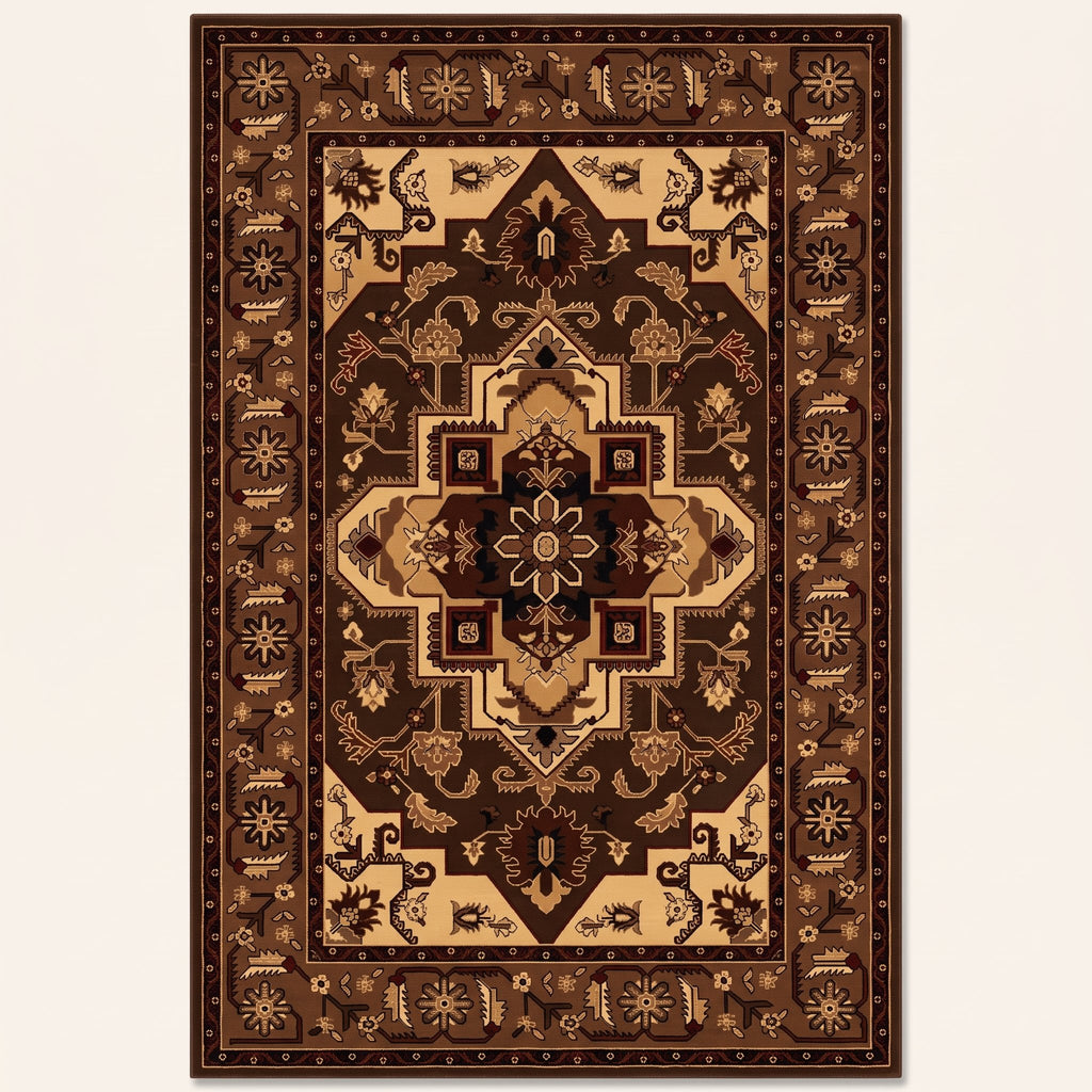 Kerman Persian-style rug in chocolate and gold, flat view