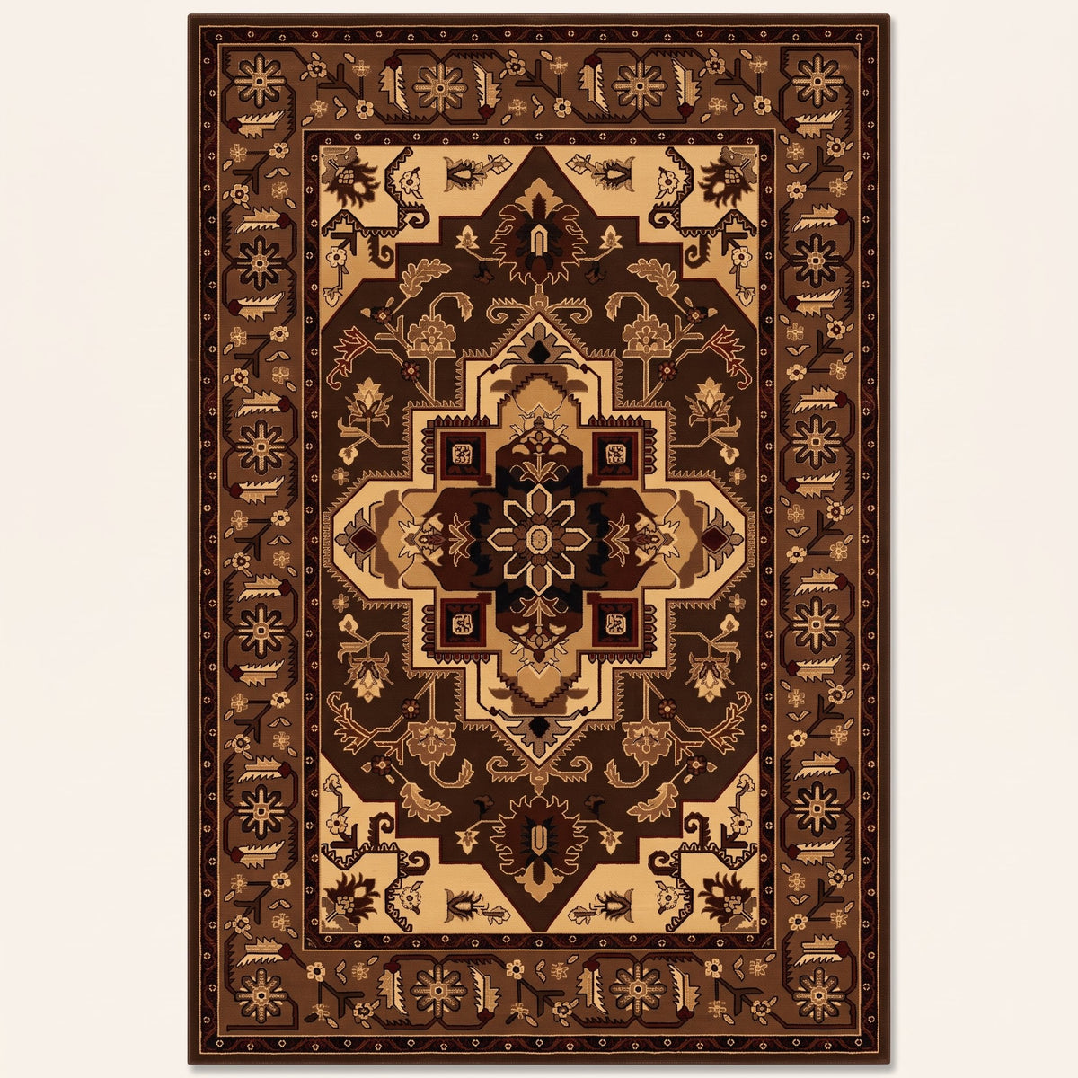 Kerman Persian-style rug in chocolate and gold, flat view