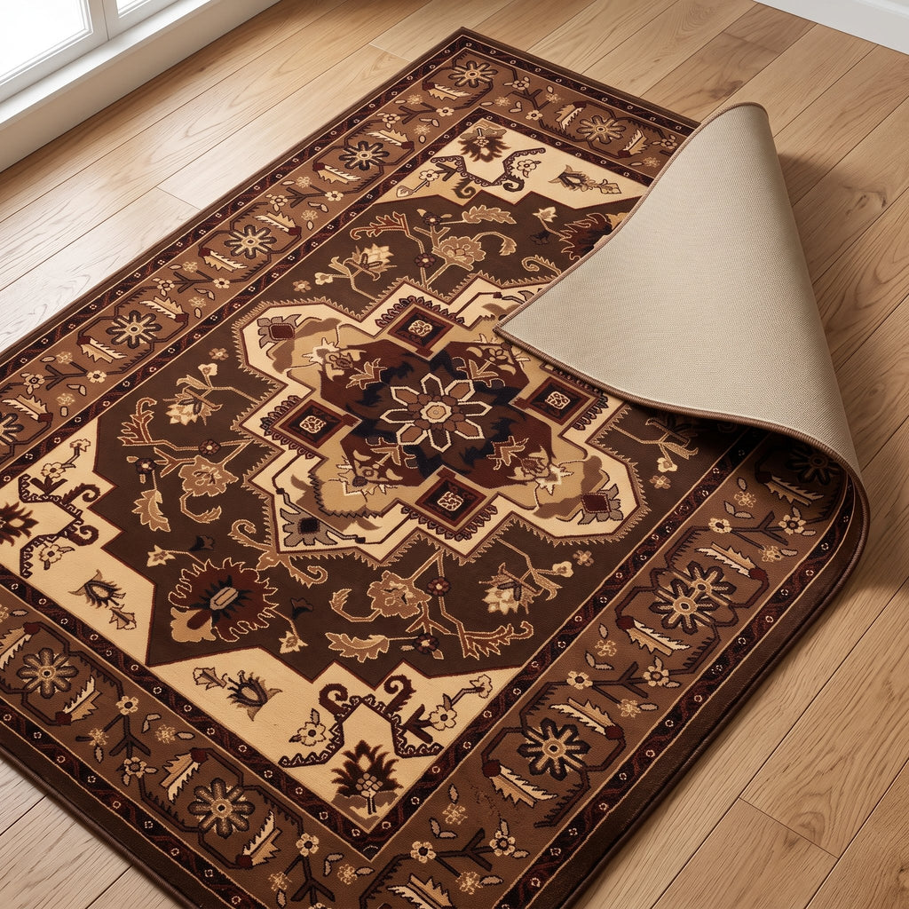 Kerman Persian-style rug with one corner turned back to show the non-slip backing