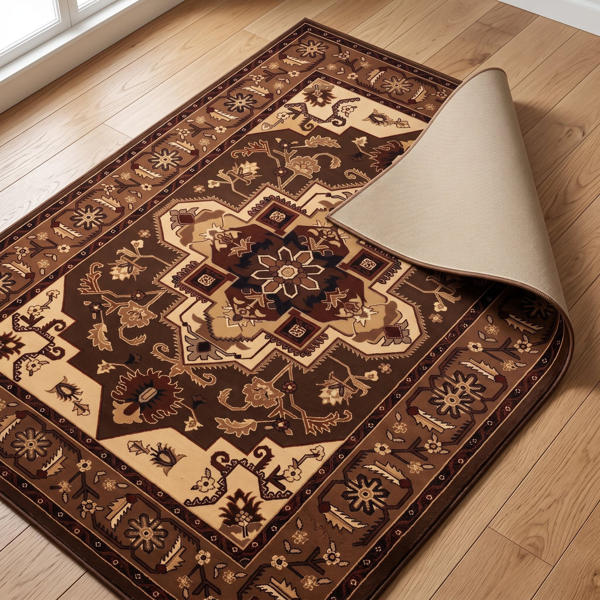 Kerman Persian-style rug with one corner turned back to show the non-slip backing