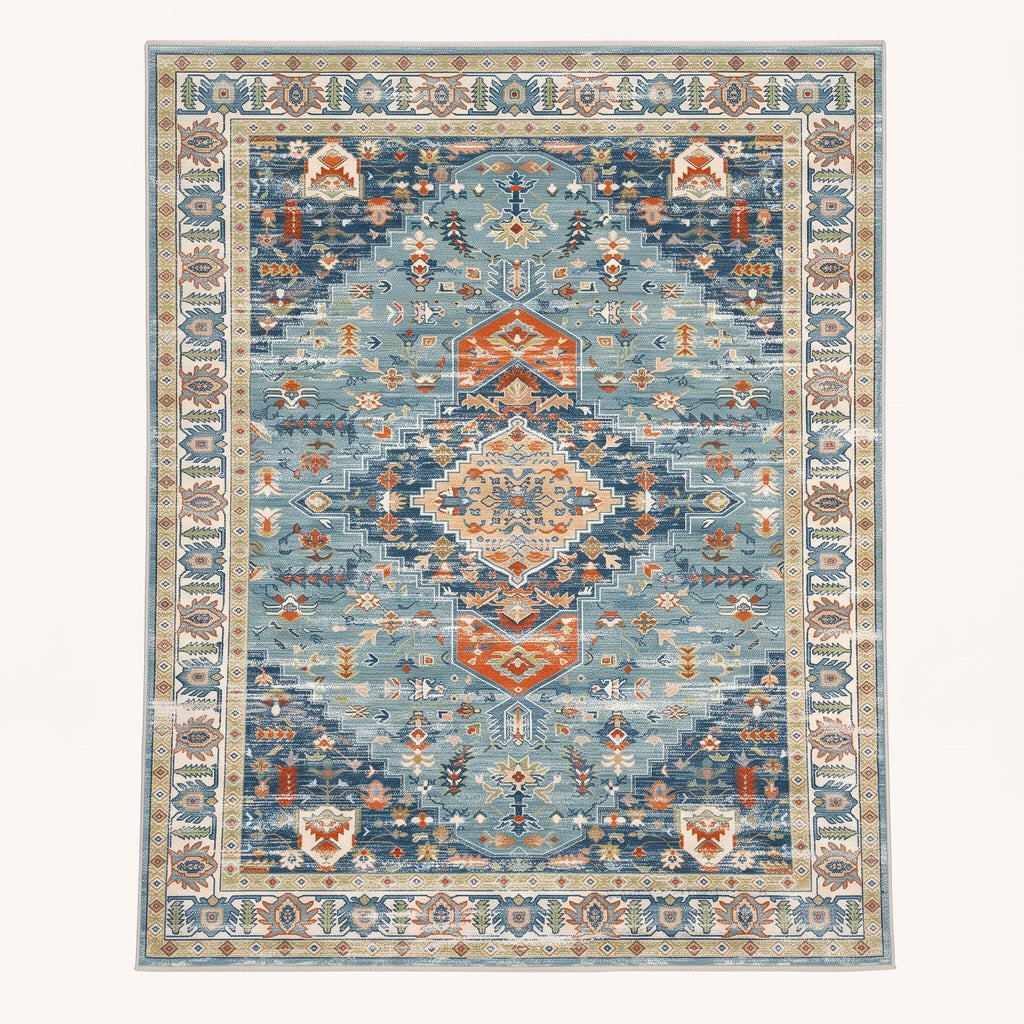 Leila Persian-style rug in aqua and sand, flat view