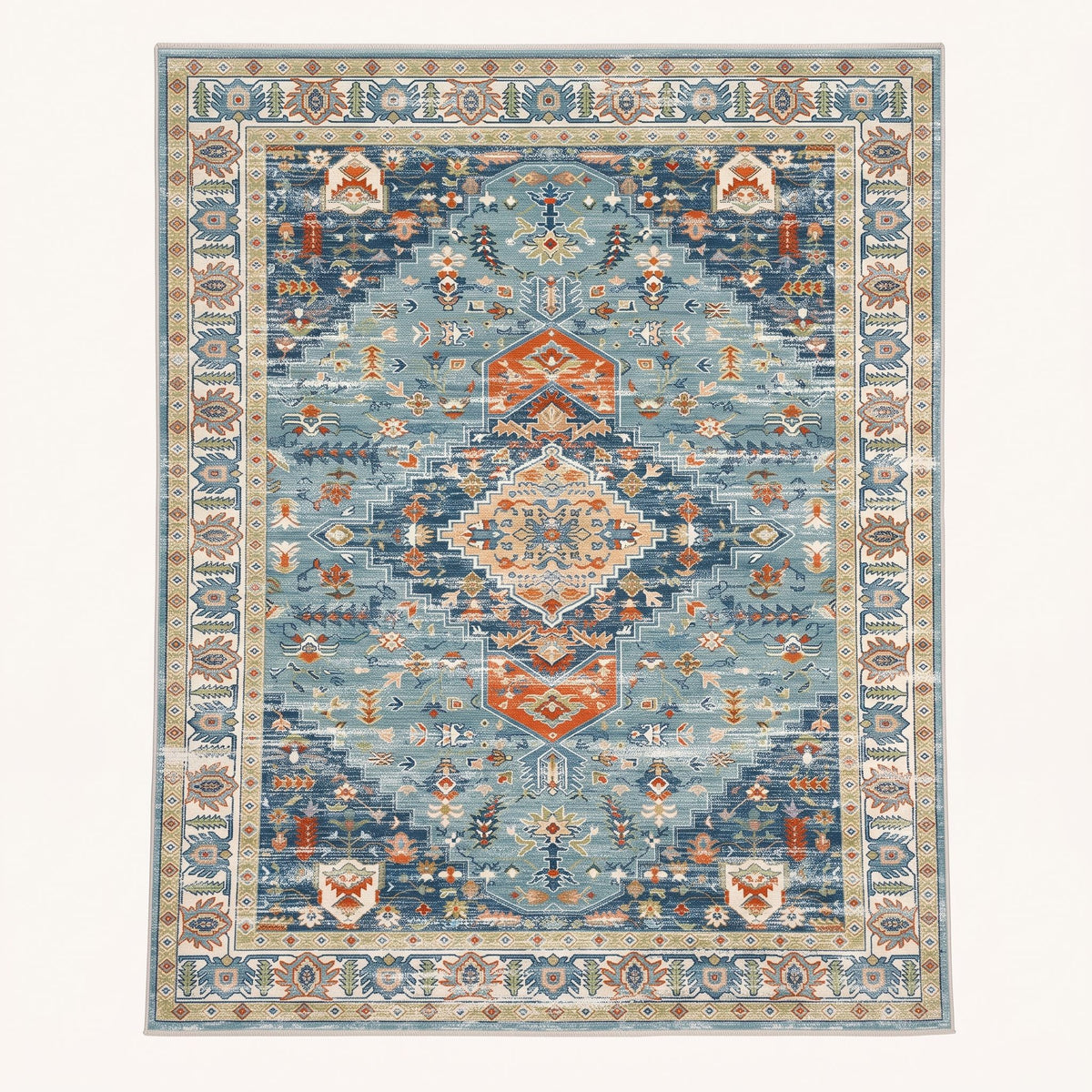 Leila Persian-style rug in aqua and sand, flat view