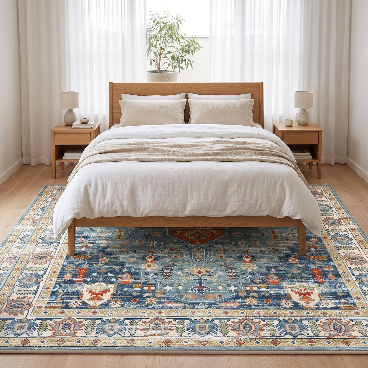 Leila Persian-style rug under a bed in a calm bedroom