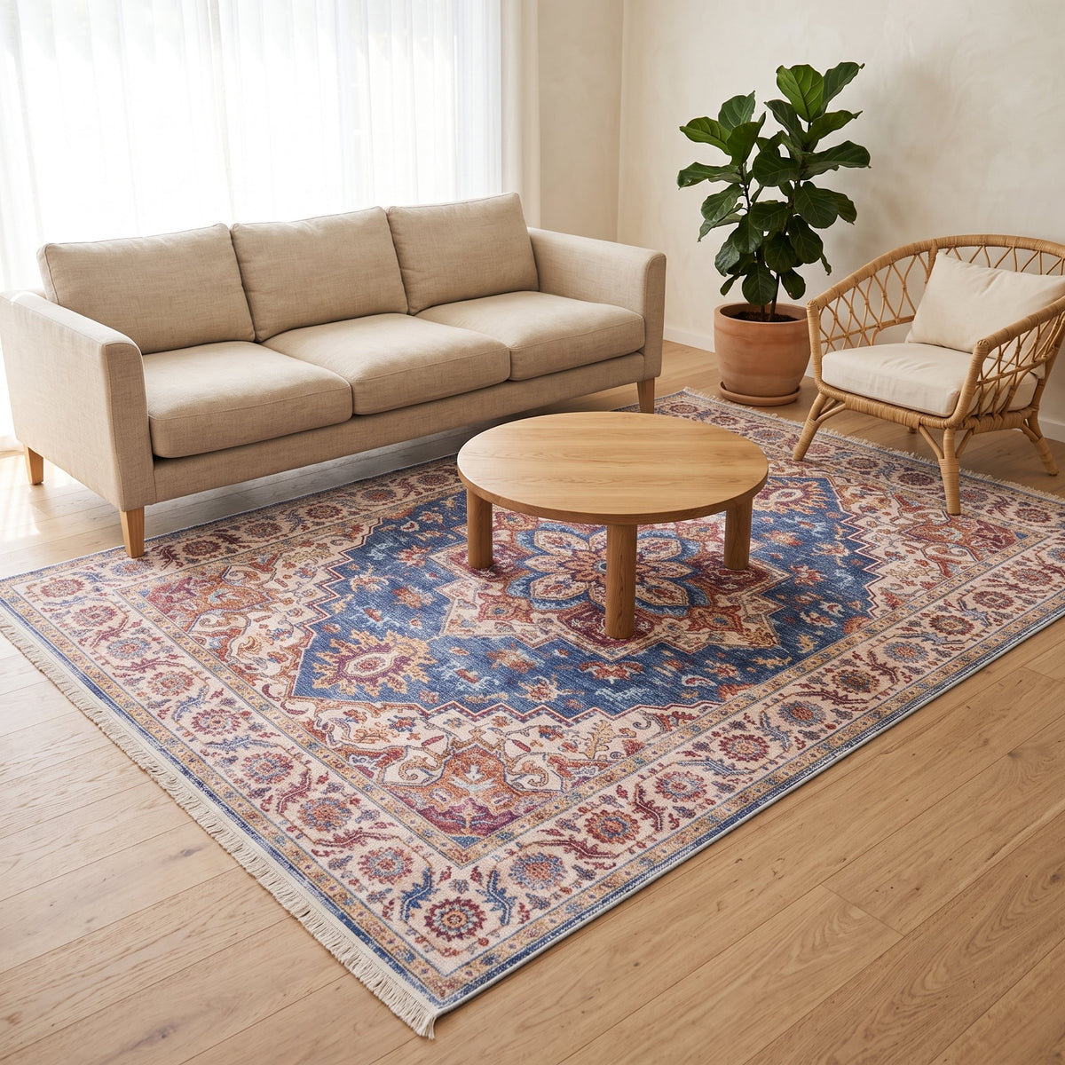Lilac Persian-style rug in a bright living room