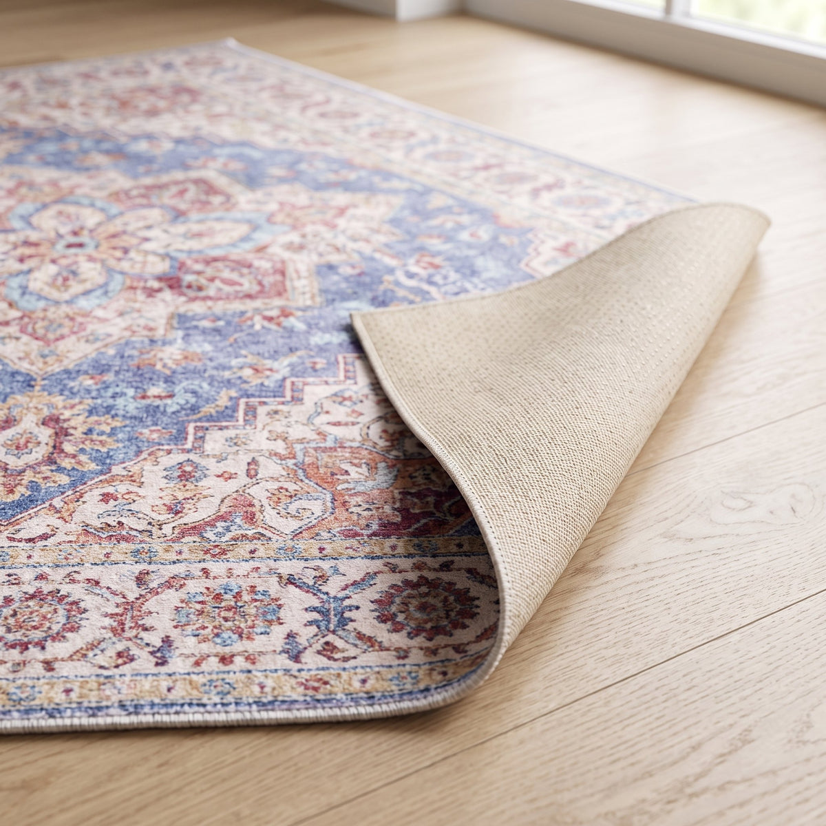 Lilac Persian-style rug, folded corner showing the low pile and non-slip backing