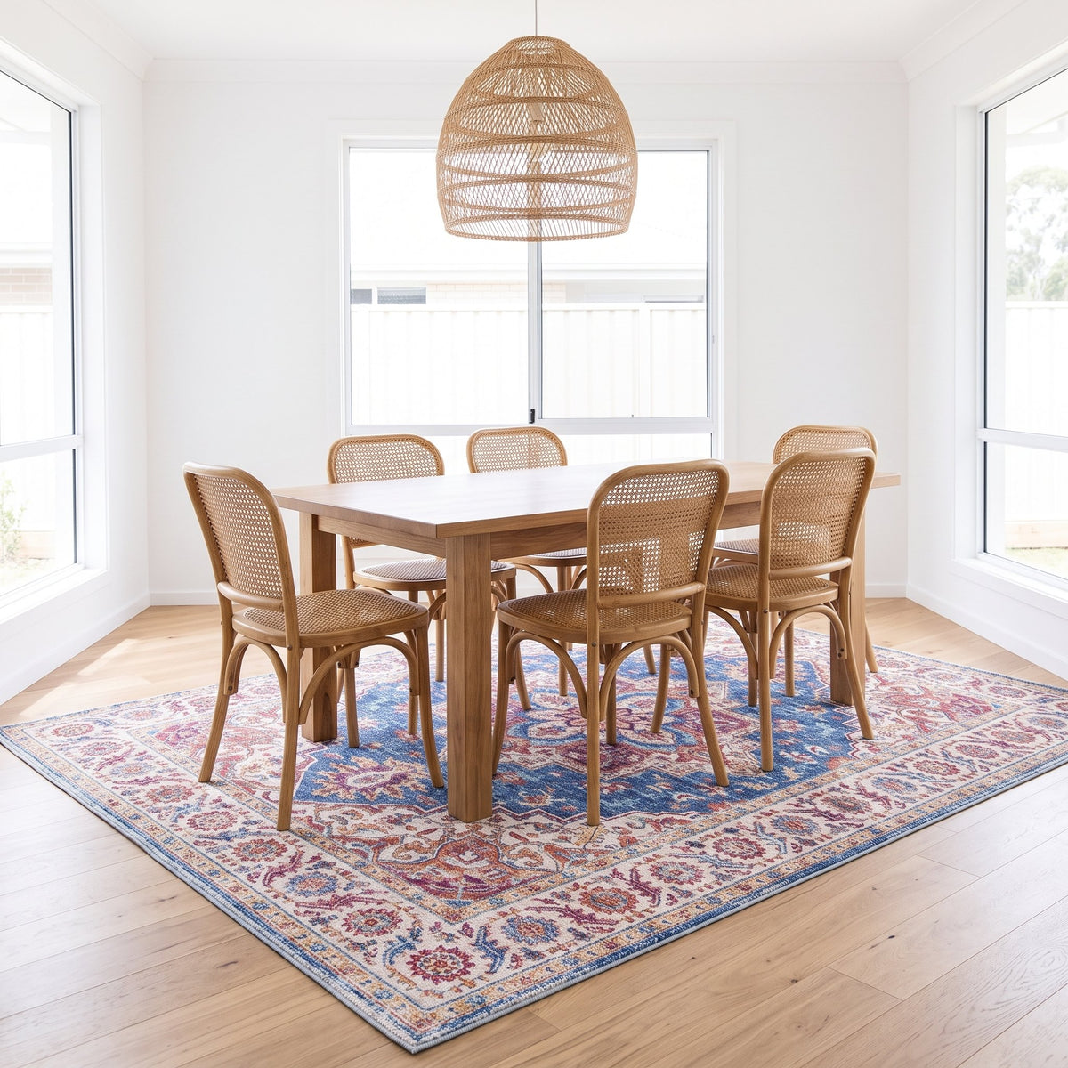 Lilac Persian-style rug under a dining table