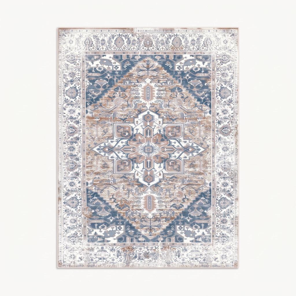 Luna Persian-style rug in ivory and mist blue, flat view