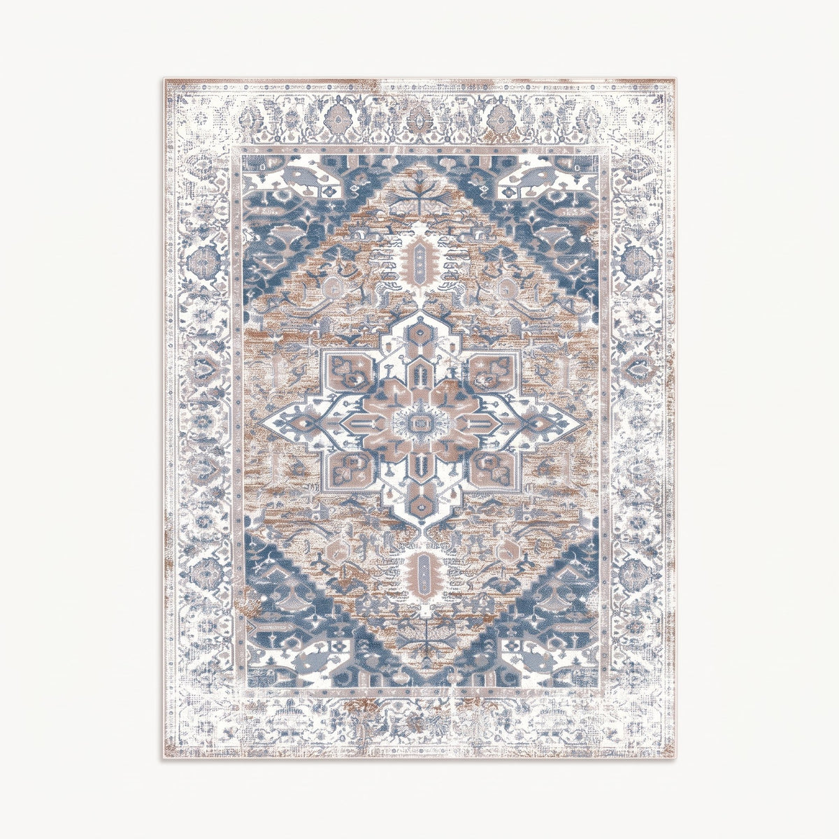 Luna Persian-style rug in ivory and mist blue, flat view
