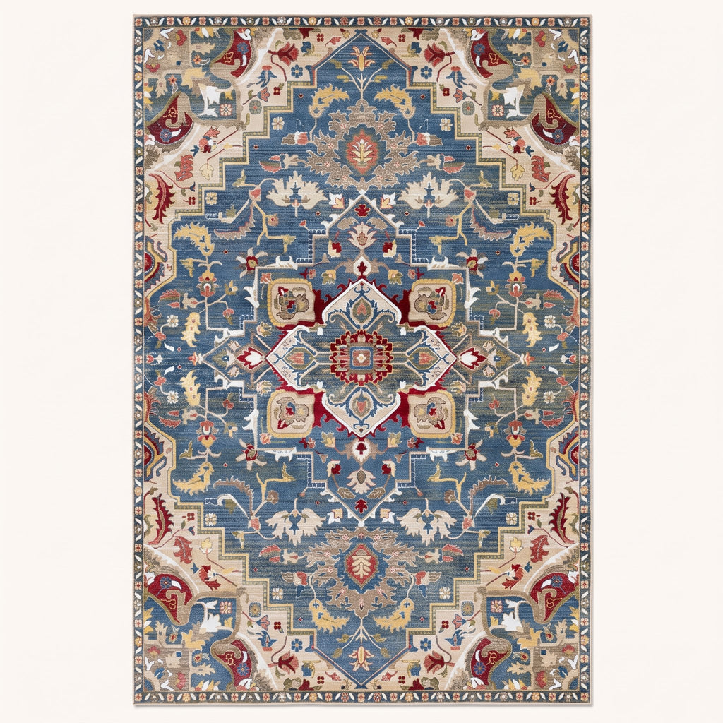 Marina Persian-style rug in ocean blue and coral, flat view