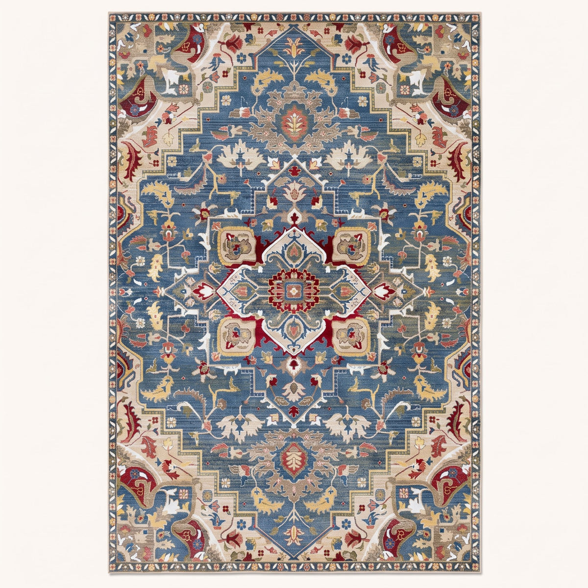 Marina Persian-style rug in ocean blue and coral, flat view