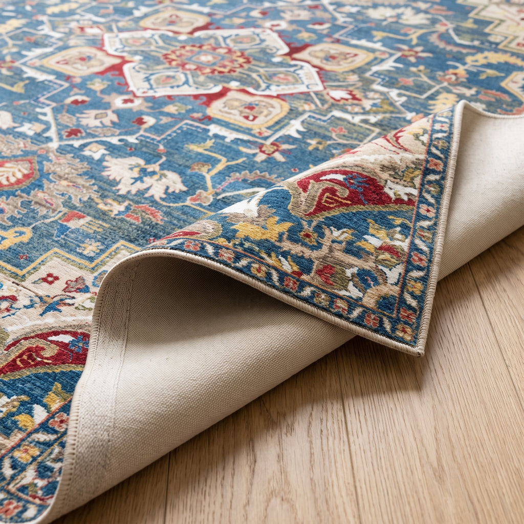 Marina Persian-style rug, folded corner showing the low pile and non-slip backing