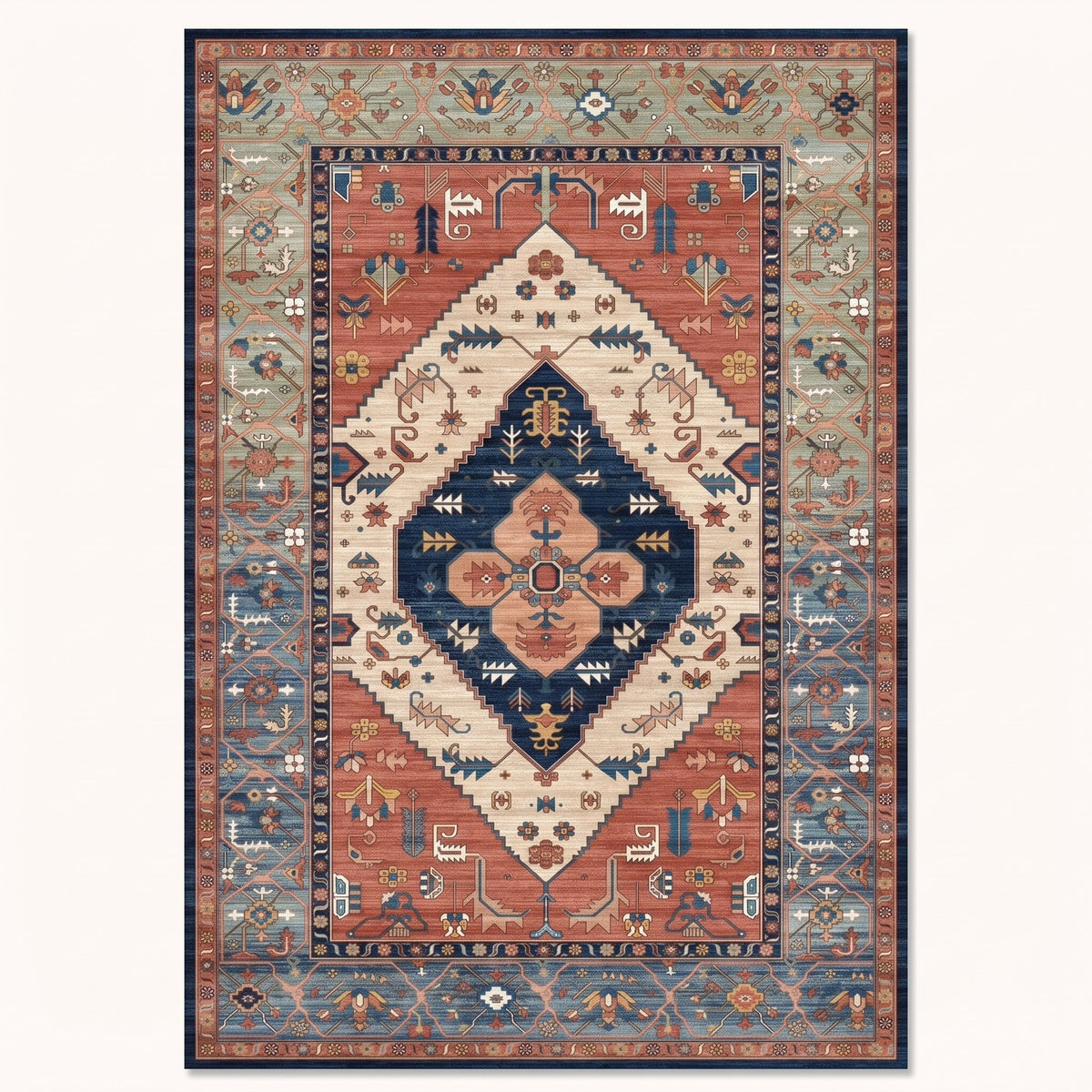 Marlow Persian-style rug in navy, rust and ivory, flat view