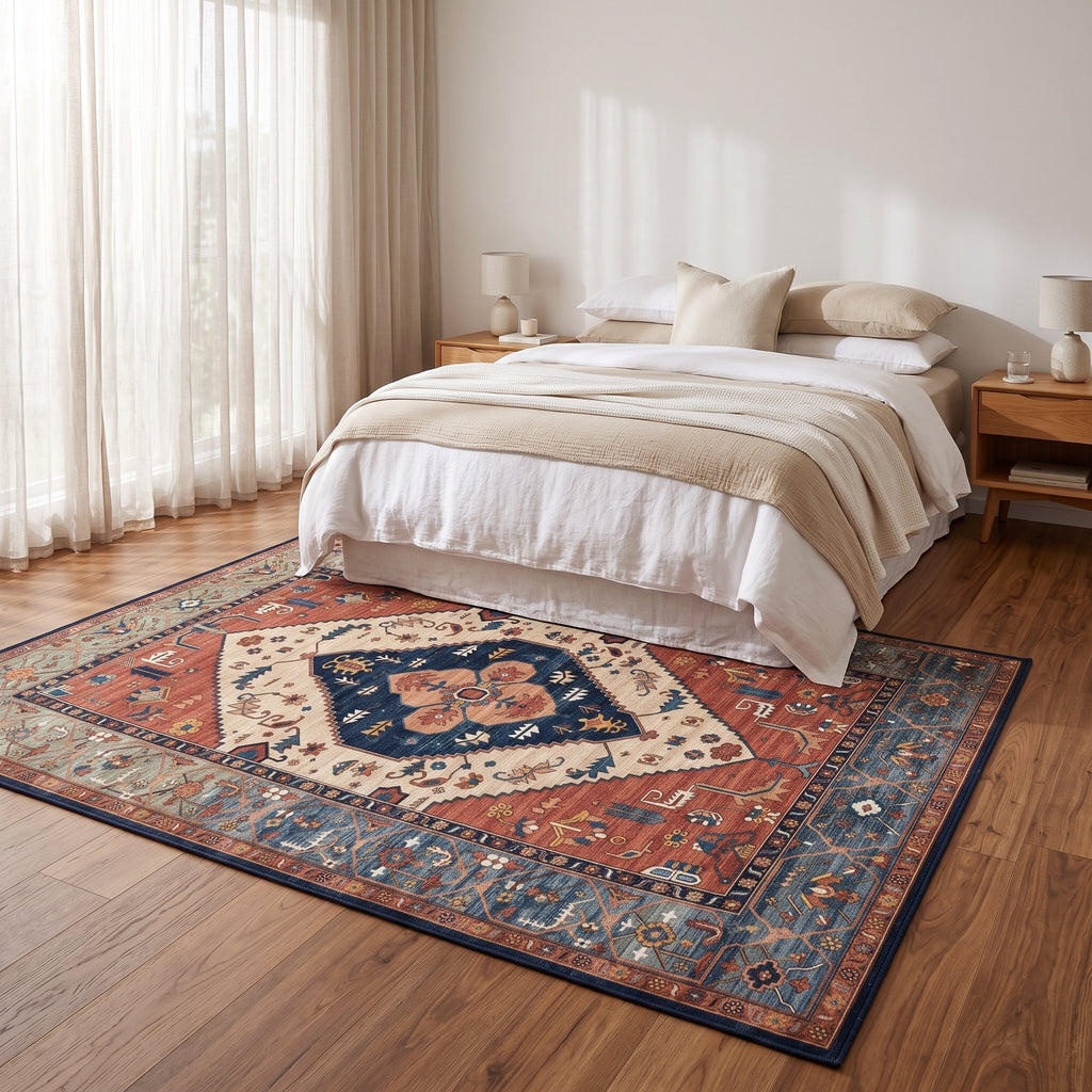 Marlow Persian-style rug under a bed in a calm bedroom
