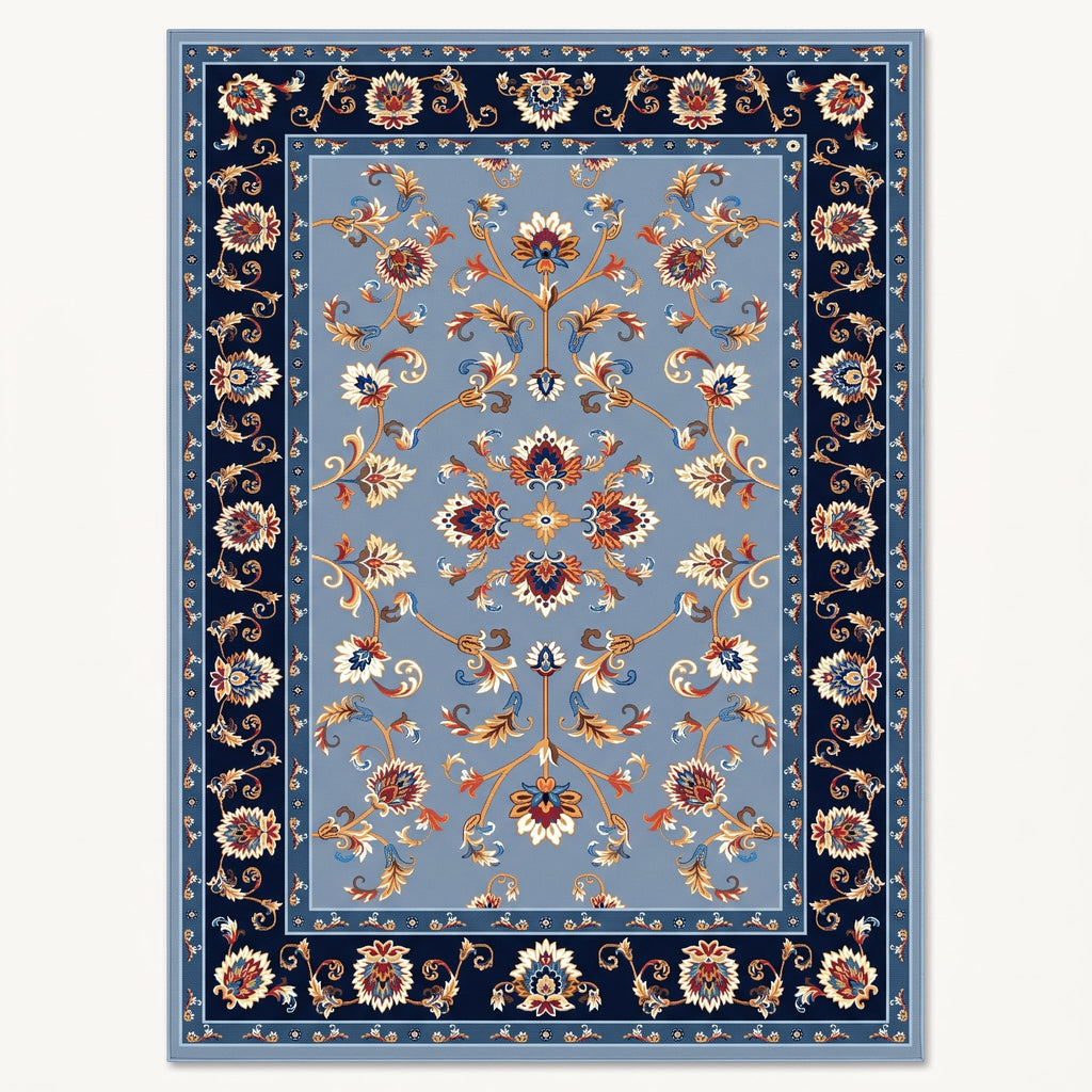 Midnight Persian-style rug in navy and rust floral, flat view