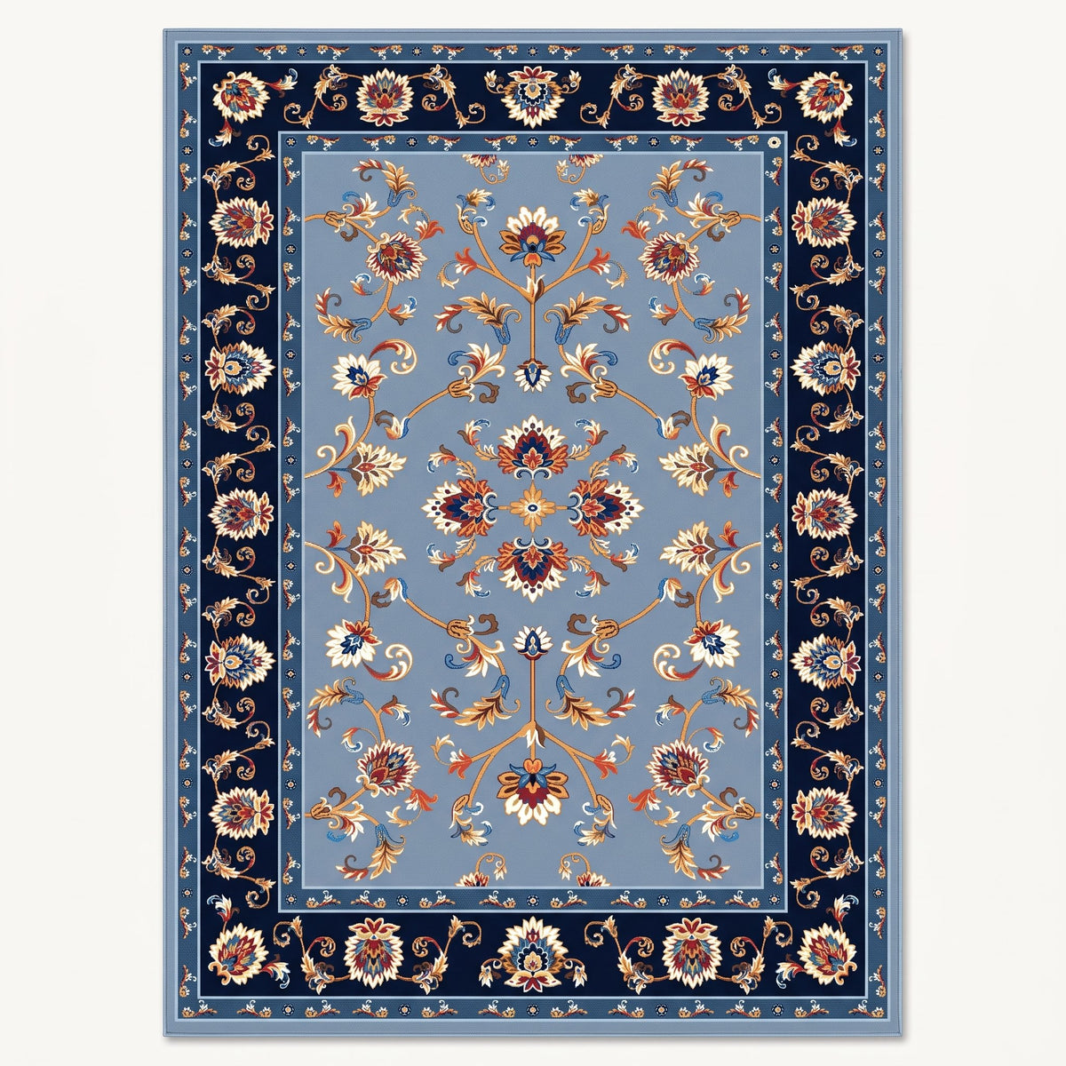 Midnight Persian-style rug in navy and rust floral, flat view