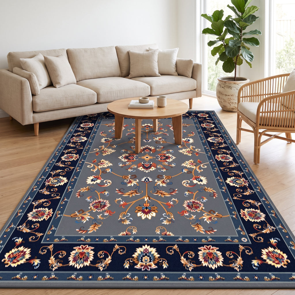 Midnight Persian-style rug in a bright living room