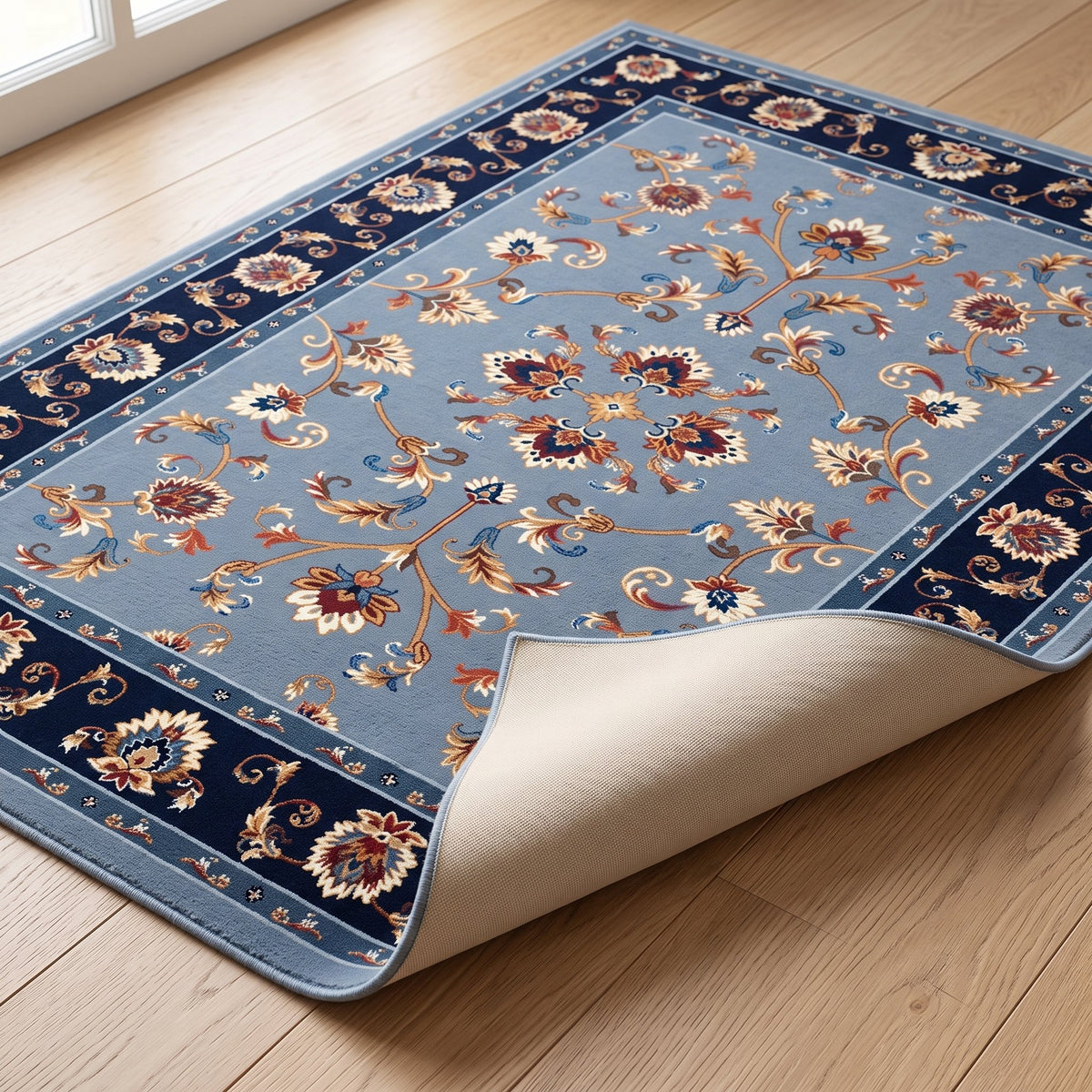 Midnight Persian-style rug with one corner turned back to show the non-slip backing