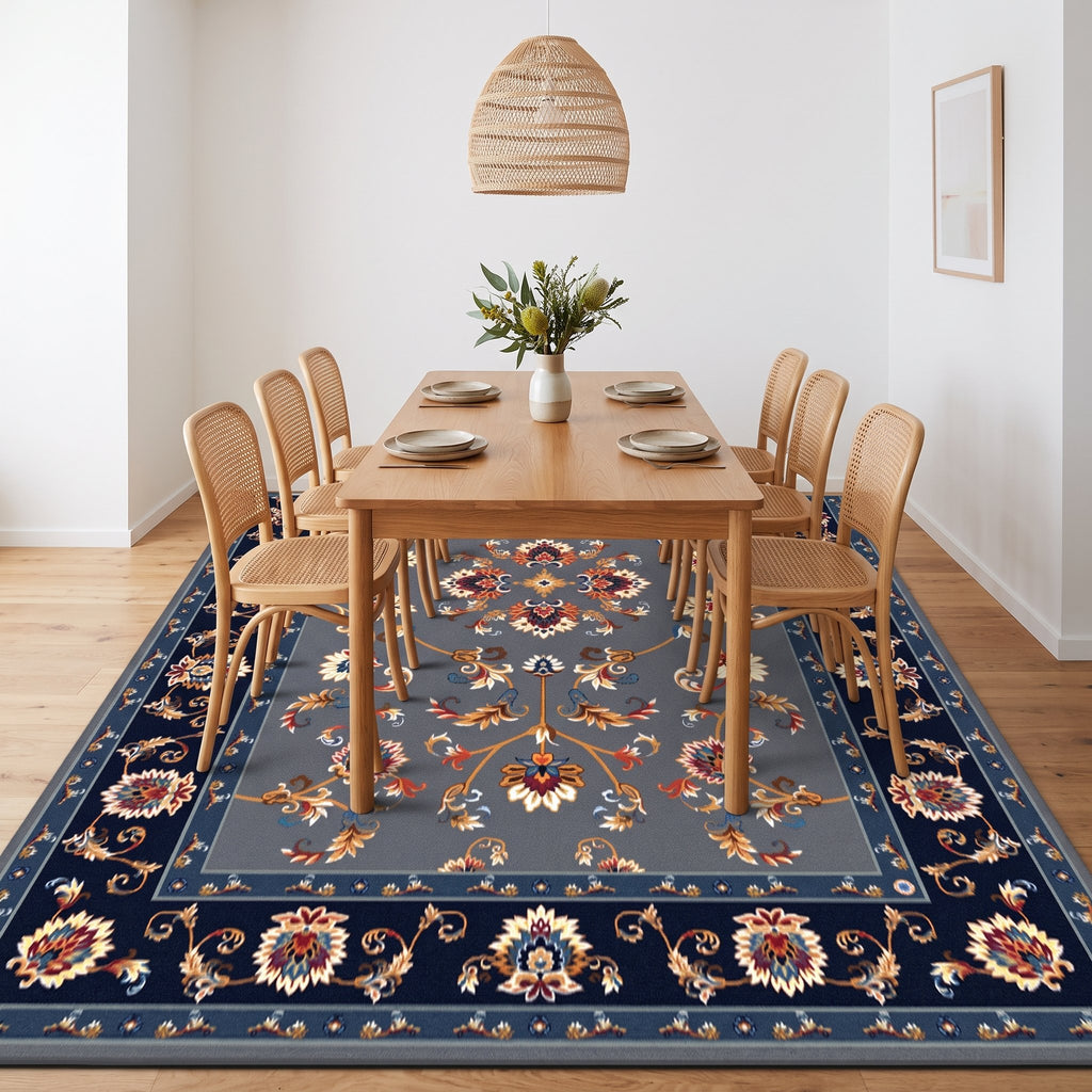 Midnight Persian-style rug under a dining table