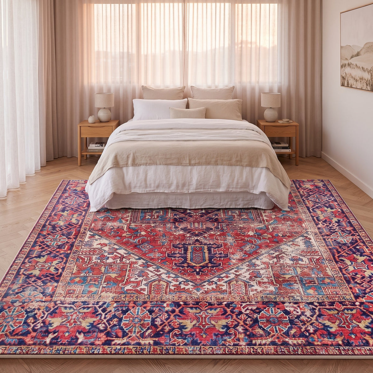 Mulberry Persian-style rug under a bed in a calm bedroom