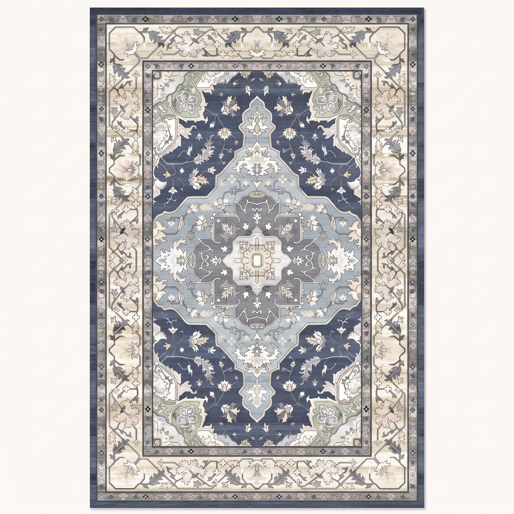 Nadia Persian-style rug in ivory and navy, flat view