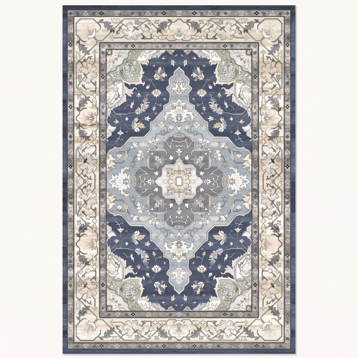 Nadia Persian-style rug in ivory and navy, flat view