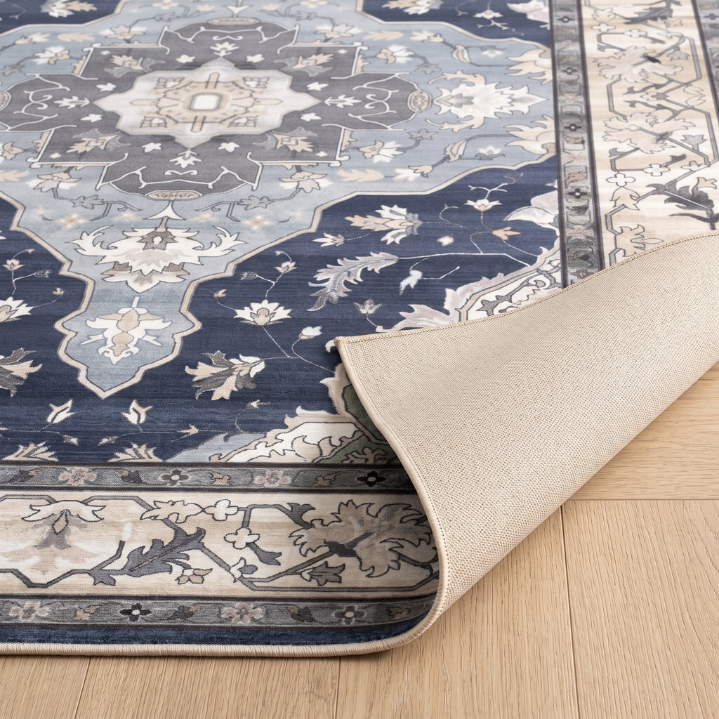 Nadia Persian-style rug with one corner turned back to show the non-slip backing