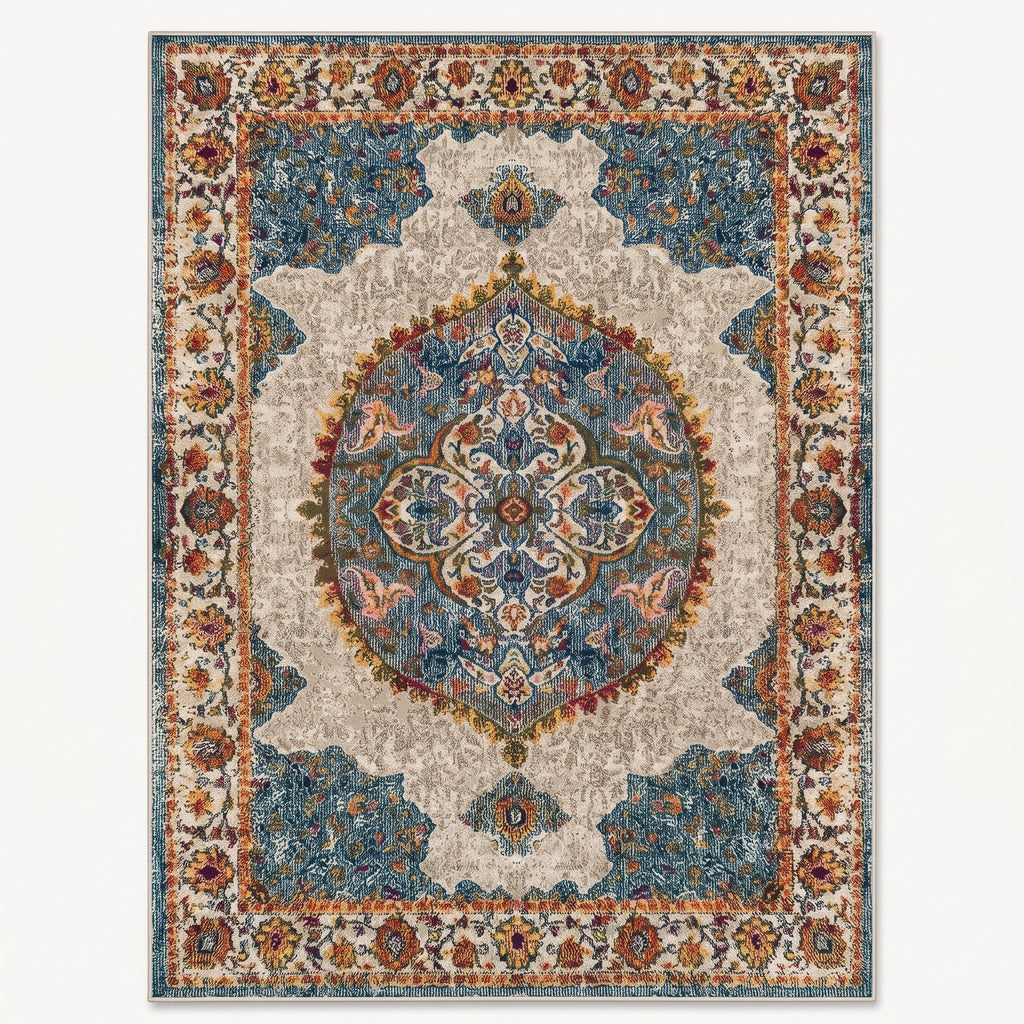 Olive Persian-style rug in olive and ivory, flat view