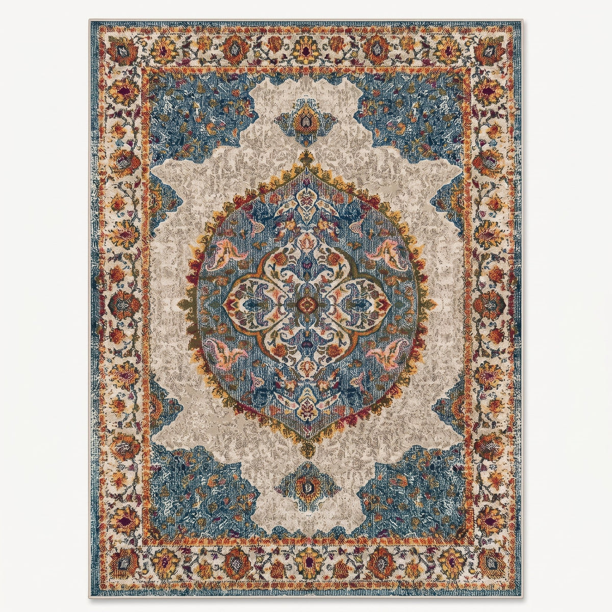 Olive Persian-style rug in olive and ivory, flat view