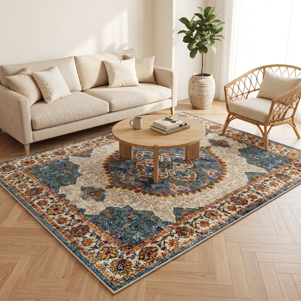 Olive Persian-style rug in a bright living room