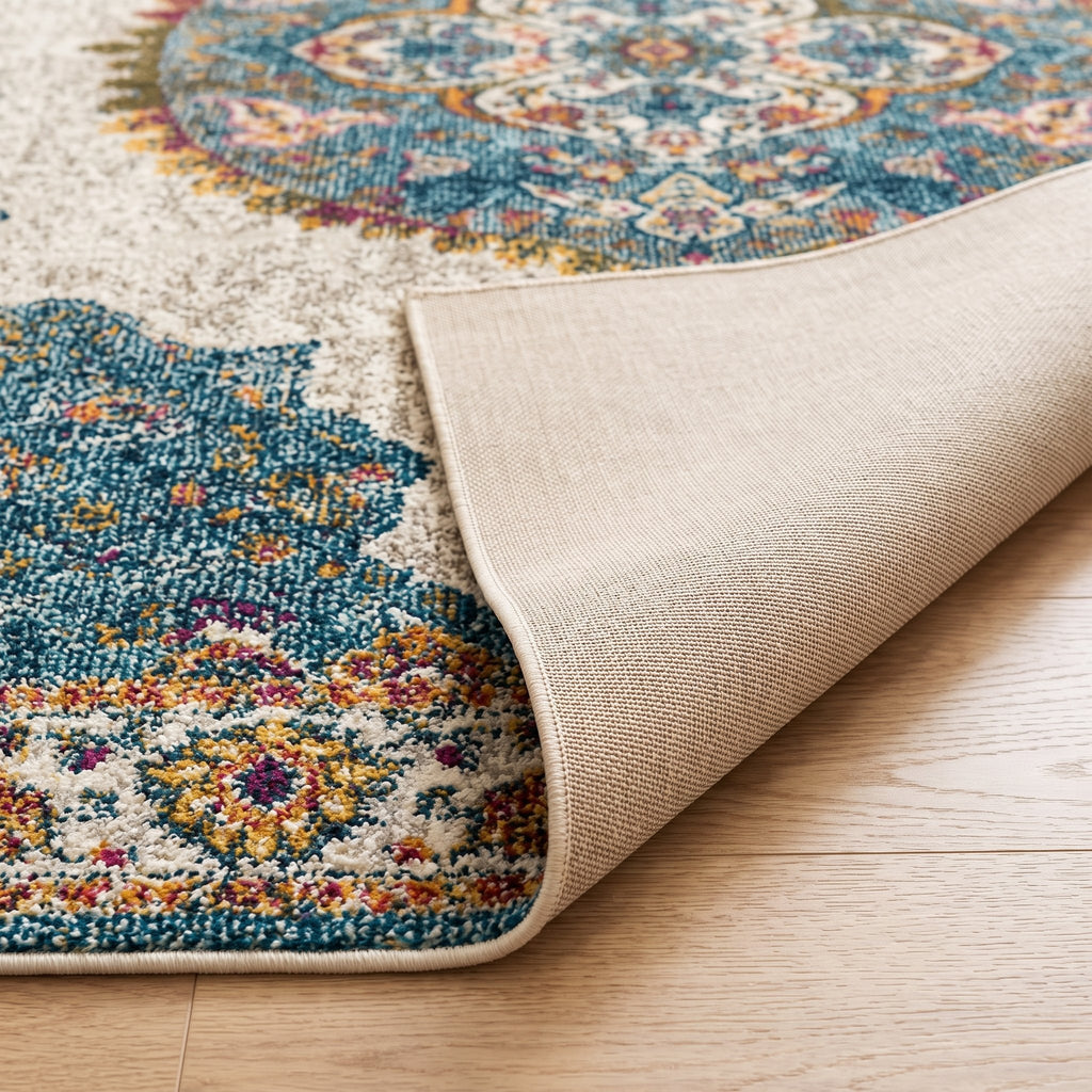Olive Persian-style rug, folded corner showing the low pile and non-slip backing
