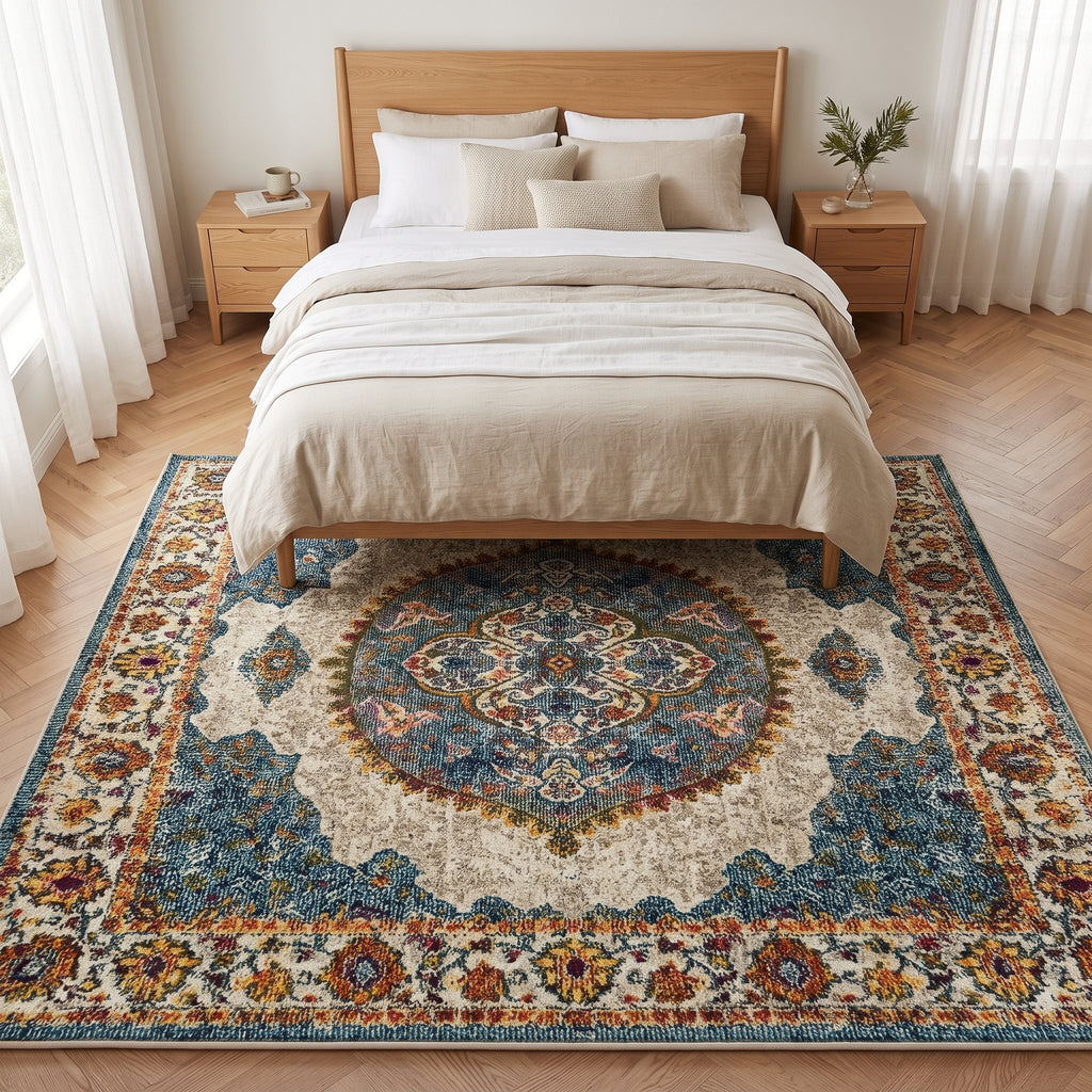 Olive Persian-style rug under a bed in a calm bedroom
