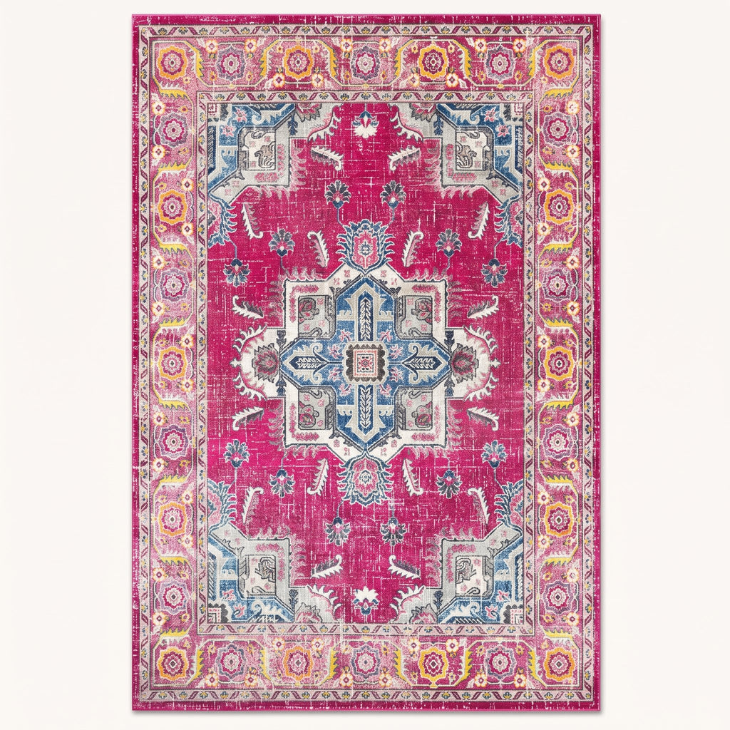 Peony Persian-style rug in raspberry and blush, flat view