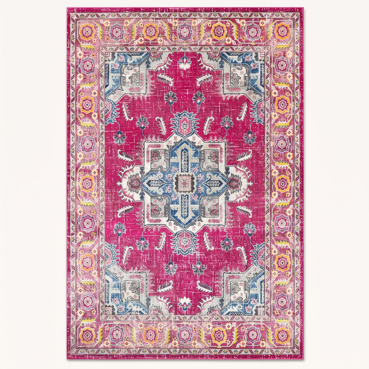 Peony Persian-style rug in raspberry and blush, flat view