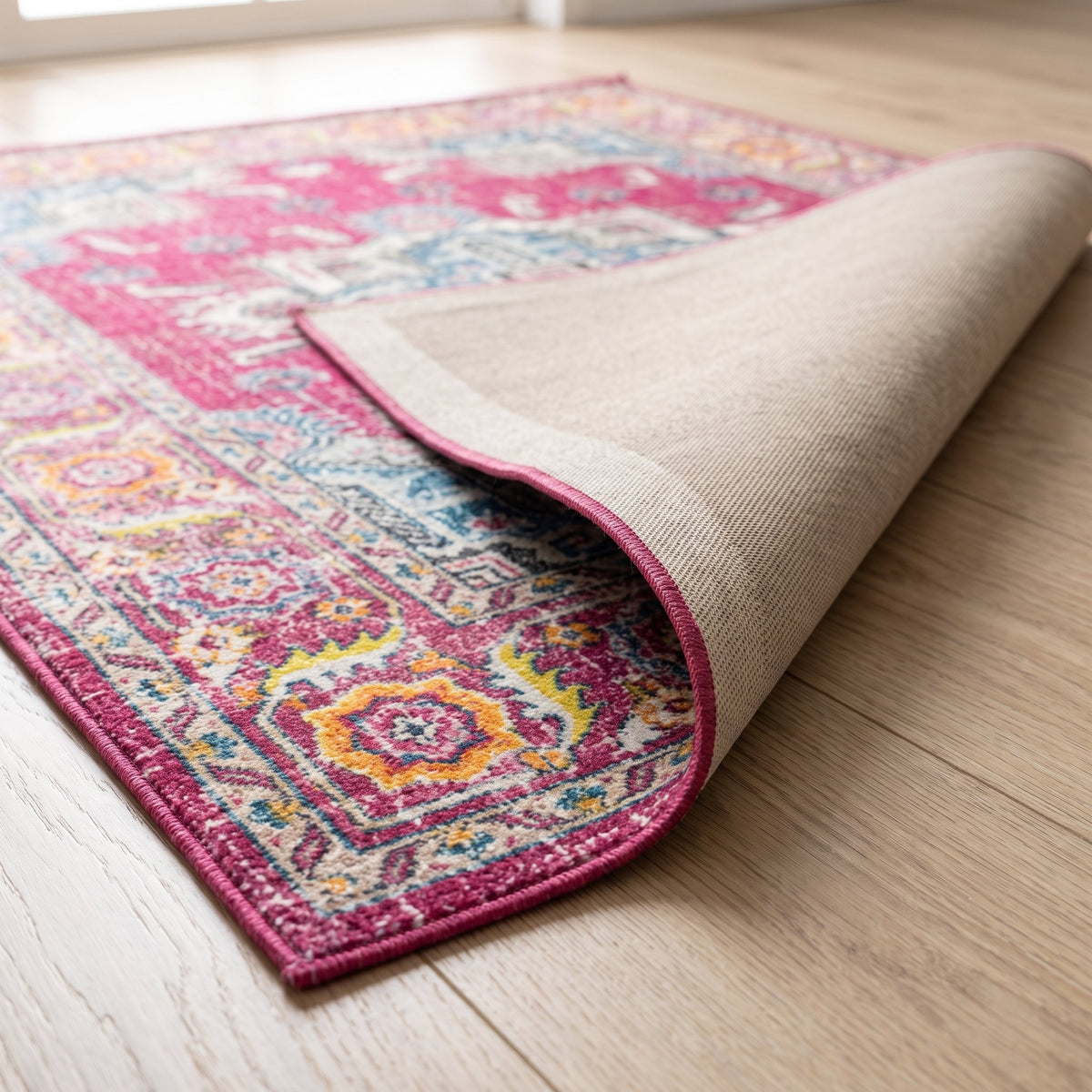 Peony Persian-style rug, folded corner showing the low pile and non-slip backing