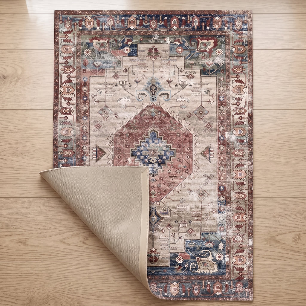 Rosalind Persian-style rug with one corner turned back to show the non-slip backing