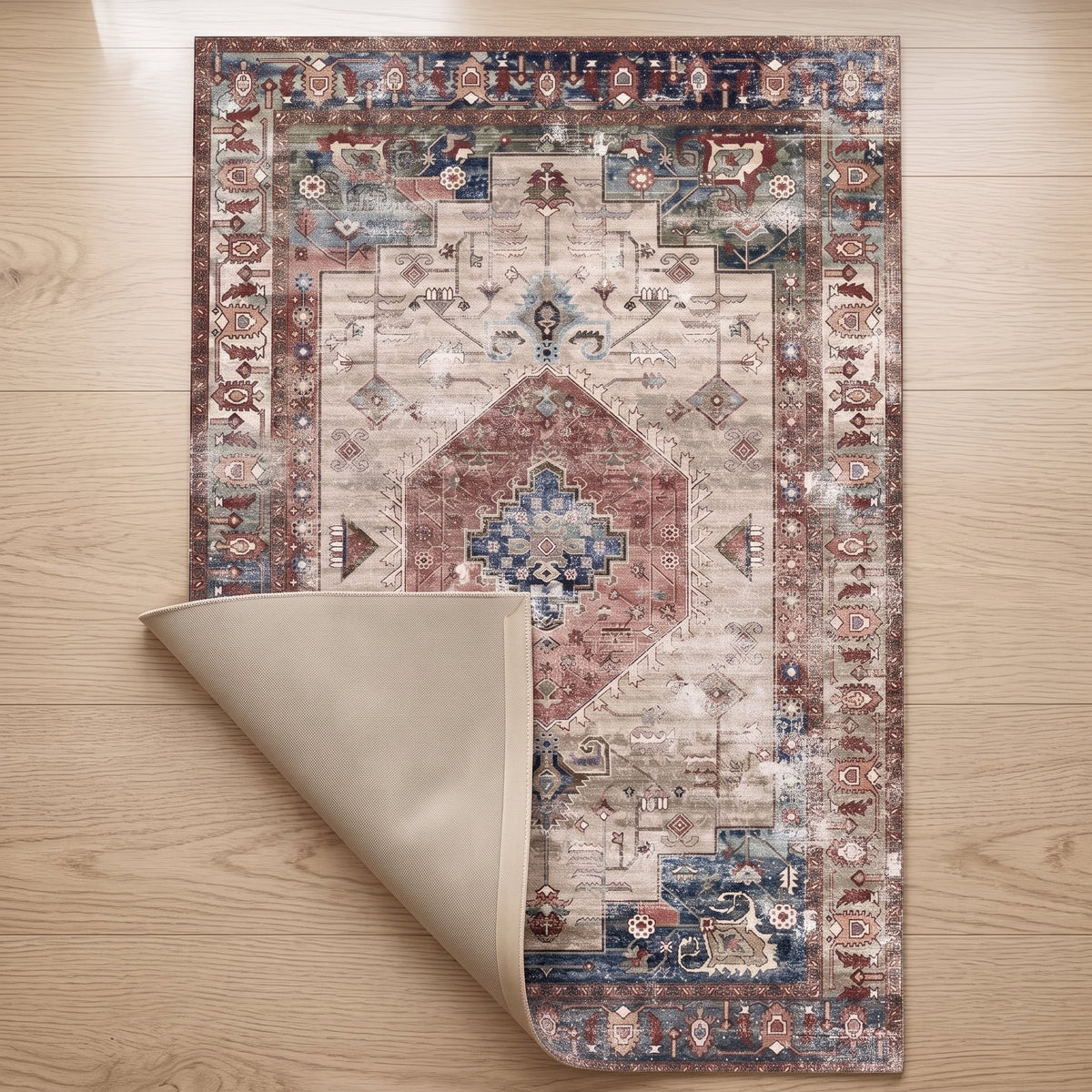 Rosalind Persian-style rug with one corner turned back to show the non-slip backing