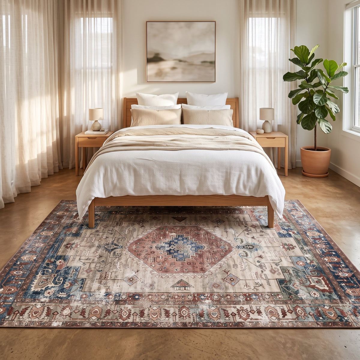 Rosalind Persian-style rug under a bed in a calm bedroom