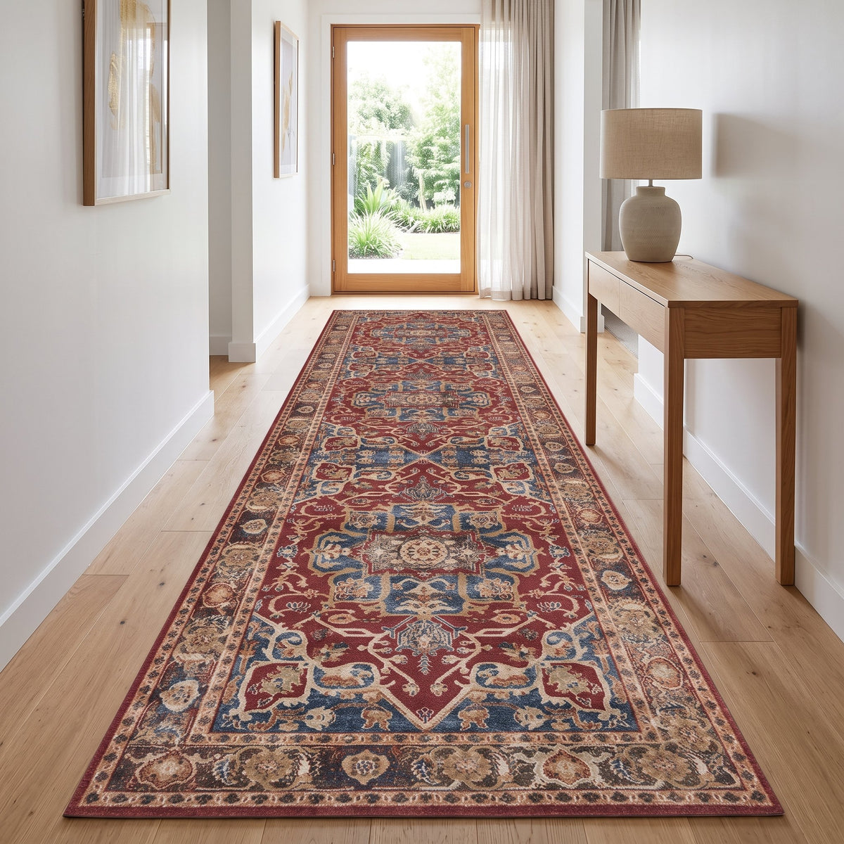 Rosewood Persian-style runner in a bright hallway