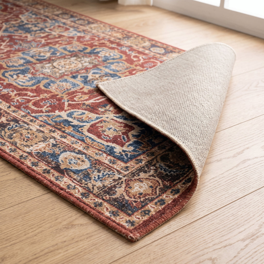 Rosewood Persian-style runner, folded corner showing the low pile and non-slip backing