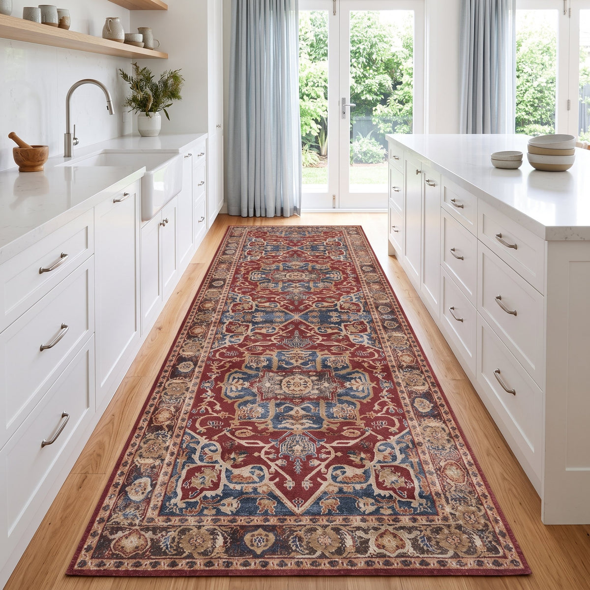 Rosewood Persian-style runner along a kitchen bench