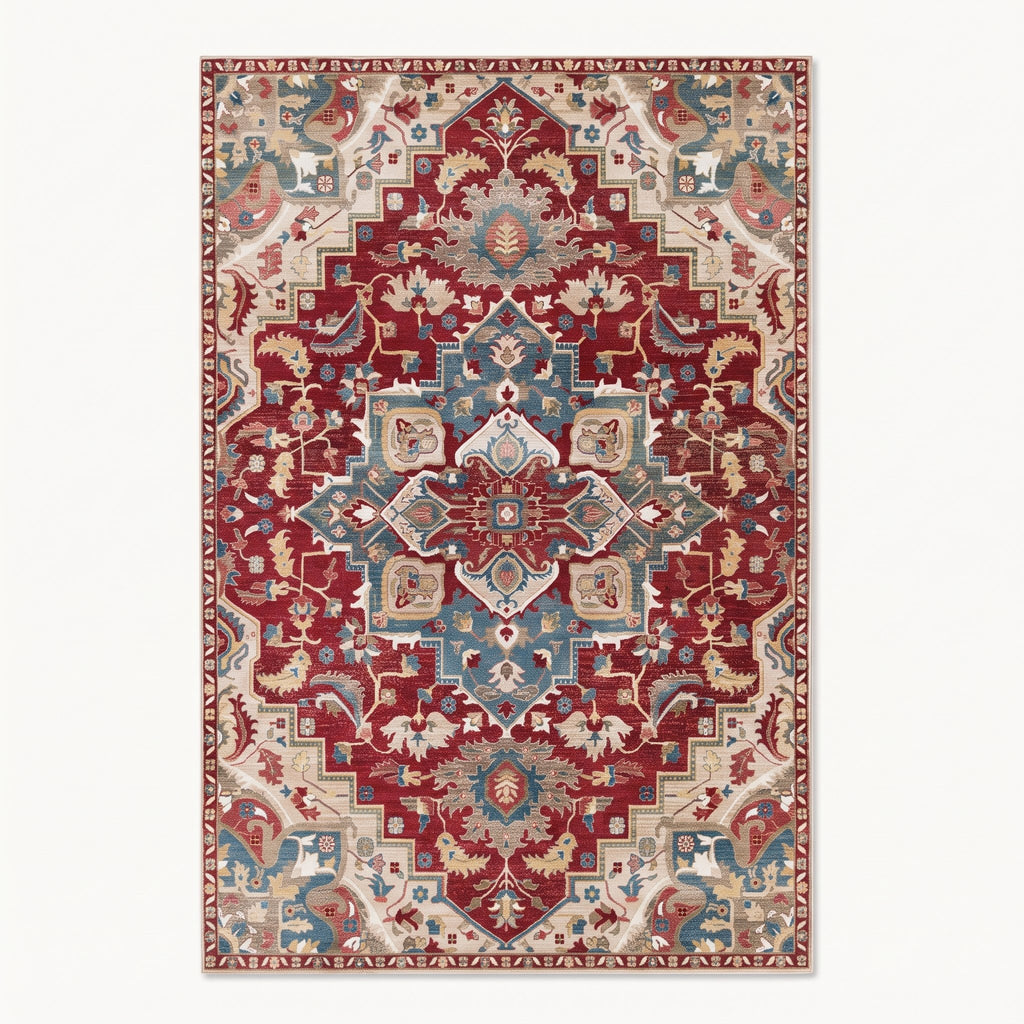 Ruby Persian-style rug in ruby red and ivory, flat view