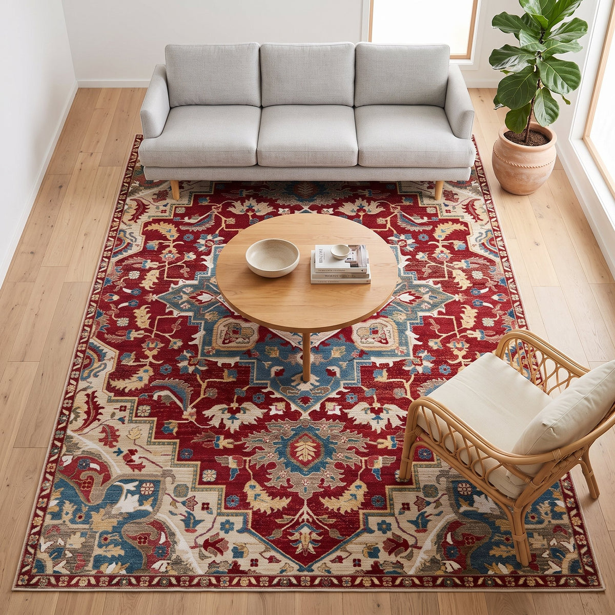 Ruby Persian-style rug in a bright living room
