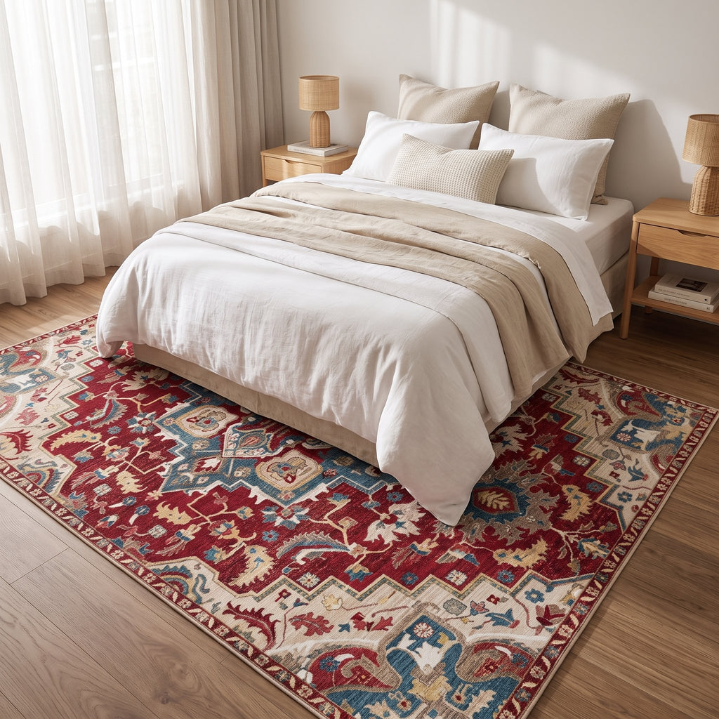 Ruby Persian-style rug under a bed in a calm bedroom