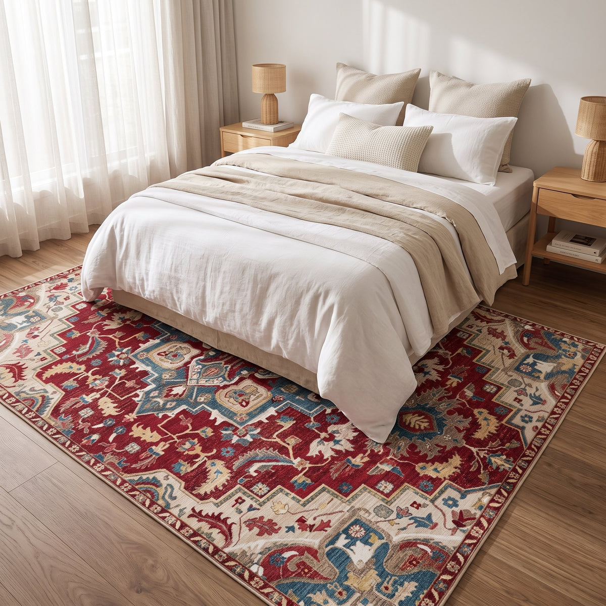 Ruby Persian-style rug under a bed in a calm bedroom