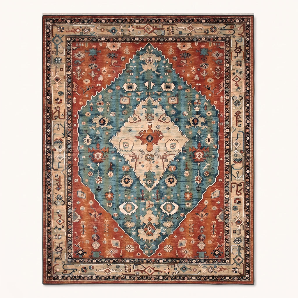 Saffi Persian-style rug in rust and teal, flat view