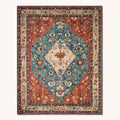Saffi Persian-style rug in rust and teal, flat view