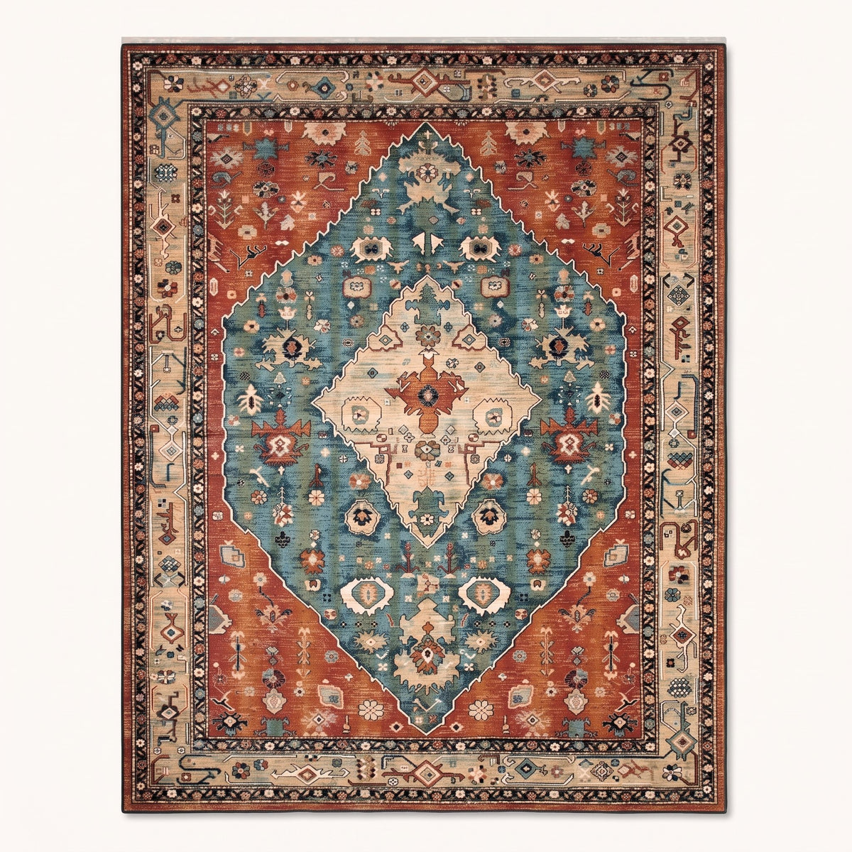 Saffi Persian-style rug in rust and teal, flat view